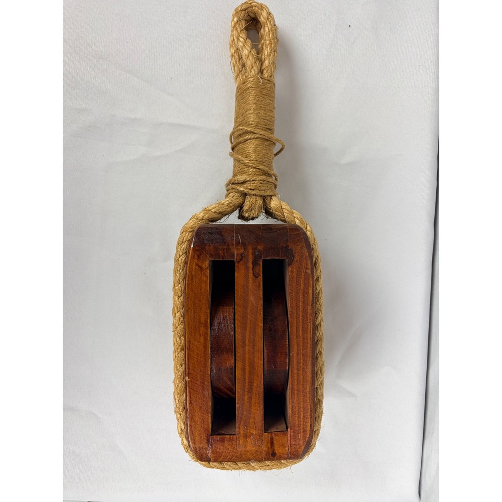 Vintage Wooden Double Pulley Block Nautical Decor Jute Rope Maritime Accent - Picture 2 of 6